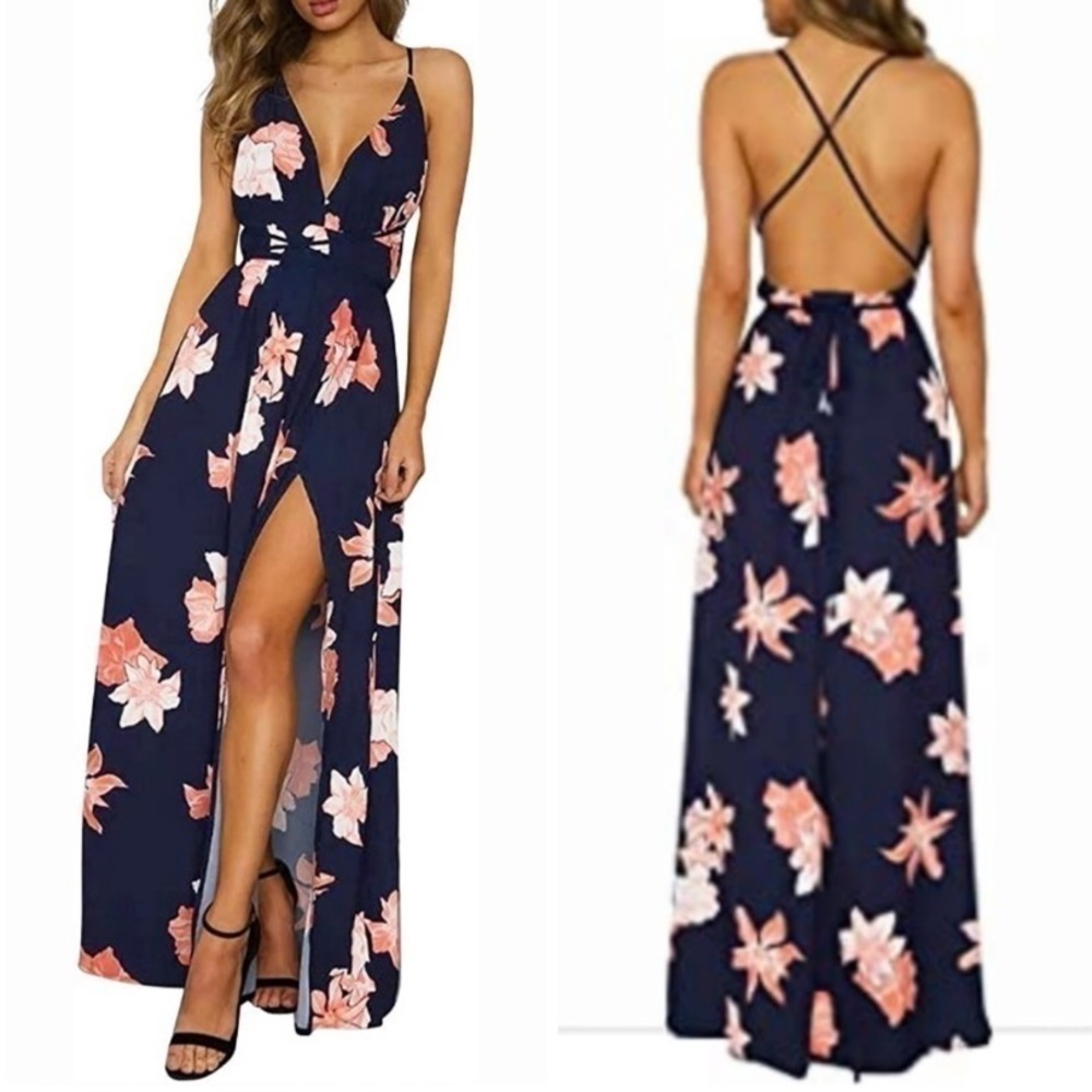 SIMPLEE Maxi Dress Split Front V Neck Backless Floral Blue Women Size XS